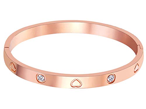 Product Cover Christmas Gift MVCOLEDY Jewelry Rose Gold Plated Bangle Bracelet Stone Stainless Steel Heart Crystal Bangle Bracelets for Women Jewelry Size 6.7