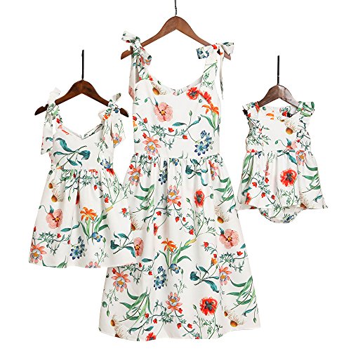 Product Cover PopReal Mommy and Me Floral Printed Shoulder-Straps Bowknot Halter Chiffon Beach Mini Sundress,White,Small