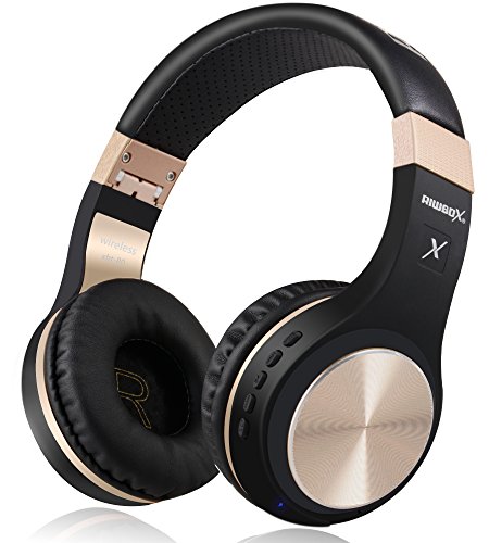 Product Cover Bluetooth Headphones, Riwbox XBT-80 Folding Stereo Wireless Bluetooth Headphones Over Ear with Microphone and Volume Control, Wireless and Wired Headset for PC/Cell Phones/TV/Ipad (Black Gold)