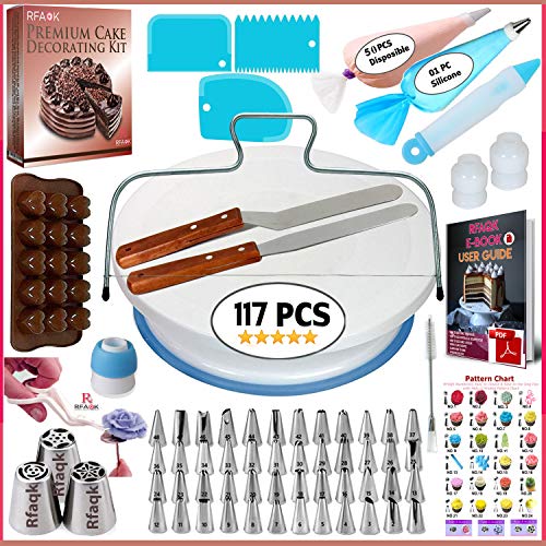 Product Cover 117 PCs Cake Decorating Supplies Kit for Beginners-1 Turntable stand-48 Numbered icing tips with pattern chart & E.Book-1 Cake Leveler-Straight & Angled Spatula-3 Russian Piping nozzles-Baking tools
