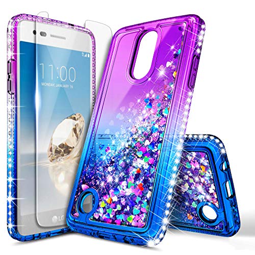 Product Cover LG Aristo Case, LG K8 2017 /Phoenix 3 /Fortune/Rebel 2 LTE/Risio 2 with Tempered Glass Screen Protector, NageBee Glitter Bling Liquid Waterfall Floating Sparkle Girls Kids Cute Case -Purple/Blue