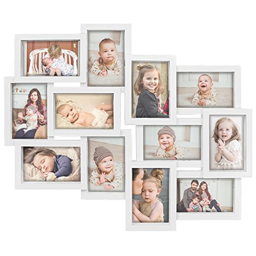 Product Cover Hello Laura - Photo Frame 12 Open Sockets Picture Display Gallery Collection Designs Family Rules Dimensional Collage White Picture Frame 6 4x6 & 6 4x4 Family Union Friends Classic Style Gift