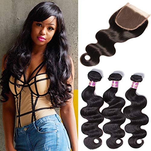 Product Cover UNice Hair Icenu Series Brazilian Body Wave 3 Bundles with Free Part Lace Closure Virgin Human Hair Wefts 100% Unprocessed Human Hair Extensions Natural Black Color (14 16 18+12Closure)