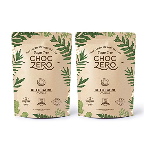 Product Cover ChocZero's Keto Bark, Dark Chocolate Coconuts with Sea Salt. Sugar Free, Low Carb. No Sugar Alcohols, No Artificial Sweeteners, All Natural, Non-GMO (2 bags, 6 servings/each)