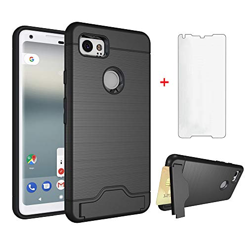 Product Cover Phone Case for Google Pixel 2XL with Tempered Glass Screen Protector Cover and Credit Card Holder Slim Hard Wallet Hybrid Cell Accessories Kickstand Pixel2XL Pixel2 2 XL Two LX Cases Women Men Black