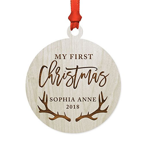 Product Cover Andaz Press Personalized Baby 1st Christmas Laser Engraved Wood Ornament, My First Christmas, Sophia Anne 2020, Deer Antlers, 1-Pack, Includes Ribbon and Gift Bag, Custom Name