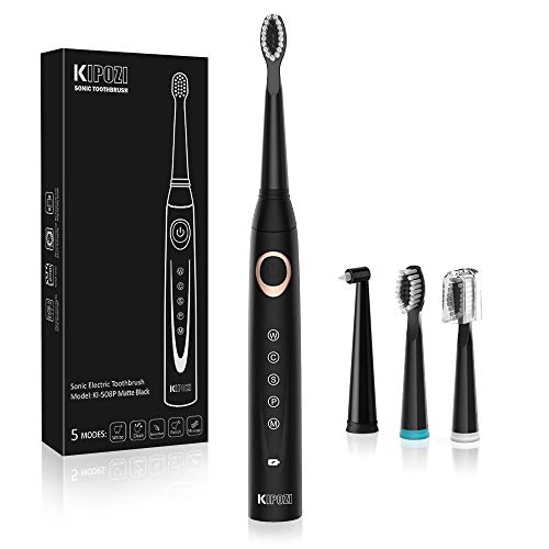 Product Cover Sonic Electric Toothbrush-5 Modes with 2 Min Build in Timer, USB Fast Charge Rechargeable Powered Electrical Toothbrushes for Adults with 3 Brush Heads, Waterproof, Black (Dentists recommend)