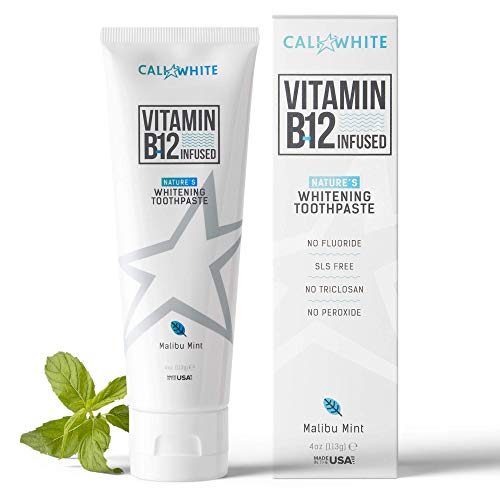 Product Cover Cali White VEGAN WHITENING TOOTHPASTE with VITAMIN B12, Organic Mint, Natural Whitener, Made in USA, Fluoride Free, Gluten Free, Xylitol, Best Methylcobalamin B 12 for Sublingual Absorption, Kids Safe