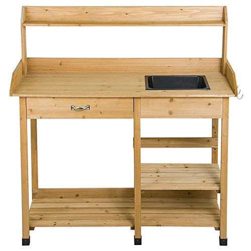 Product Cover Yaheetech Potting Bench Outdoor Garden Work Bench Station Planting Solid Wood Construction w/Sink Drawer Rack Shelves Natural
