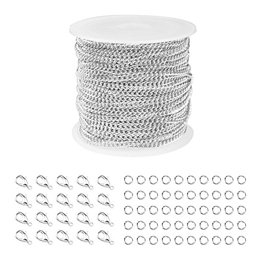 Product Cover Silver Plated Curb Cable Chain for Jewelry Making, WXJ13 Brand 33FT Unfinished DIY Jewelry Making Chains Necklace with 20 Lobster Clasps and 50 Jump Rings, 2 x 3mm, Spool Packaged