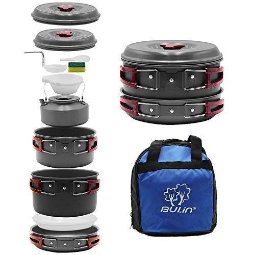 Product Cover Bulin 13 Piece Camping Cookware Mess Kit Outdoor Backpacking Hiking Gear Cooking Equipment, Lightweight Compact Durable Cook Set, Including Pot, Frying Pan, Kettle, Carry Bag and More