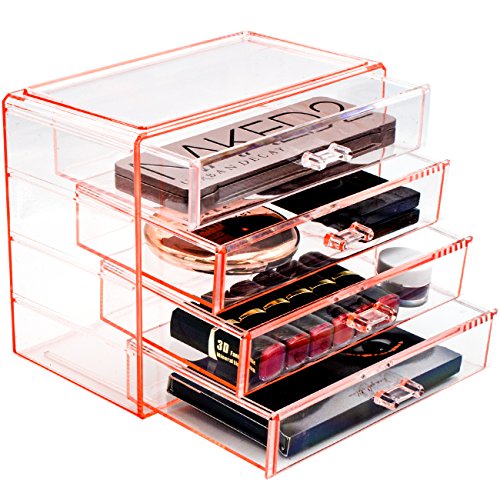 Product Cover Sorbus Acrylic Cosmetics Makeup and Jewelry Storage Case Display- 4 Large Drawers Space- Saving, Stylish Acrylic Bathroom Case Great for Lipstick, Nail Polish, Brushes, Jewelry and More (Pink)