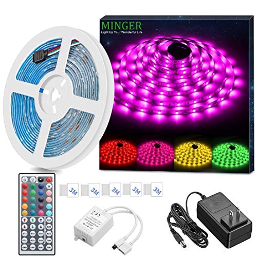 Product Cover MINGER LED Strip Light Waterproof 16.4ft RGB SMD 5050 LED Rope Lighting Color Changing Full Kit with 44-keys IR Remote Controller, Power Supply Led Strip Lights for Home Kitchen Bed Room Decoration