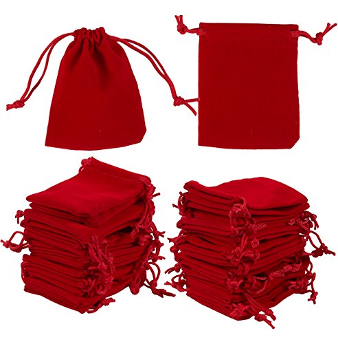 Product Cover 48-Piece Jewelry Pouch Drawstring Bags - Velvet Cloth Storage Pouch for Jewelry, Dice, Favor, Red, 2.7 x 3.5 Inches