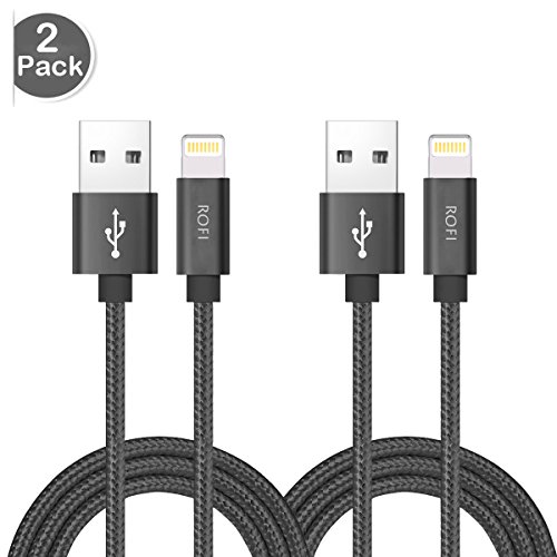 Product Cover RoFI Compatible Phone Cable, [2Pack] 0.6M Nylon Braided Fast Charging USB Cord Replcement for Phone X 8 8 Plus 7 7 Plus 6s 6s Plus 6 6 Plus 5 5S 5C SE Pad Air Mini and More (2 Pack Grey, 2 FT)
