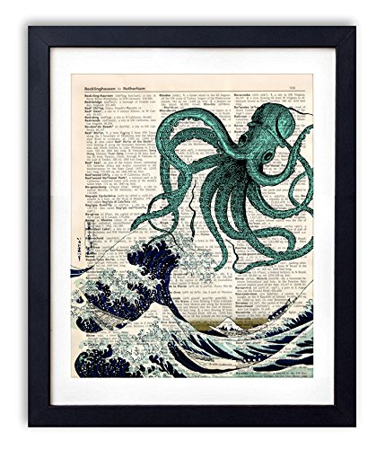 Product Cover akeke Blue Octopus Upcycled Vintage Dictionary Art Print 8x10 Unframed