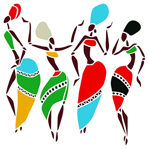 Product Cover African Dancers Stencil - 4.5 x 4.5 inch (S) - Reusable Women Lady Dancers Ethnic Tribal Wall Stencils for Painting - Use on Poster Scrapbook Journal Walls Floors Fabric Furniture Glass Wood etc.