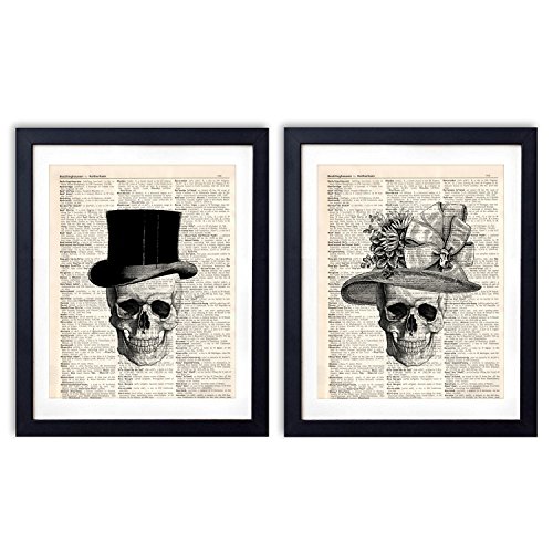 Product Cover akeke Skull Decor Vintage Dictionary Art Print Two Set - Skull Decorations Gentleman Lady Hat - Bone Art Wall Decor 8x10 inch Unframed Skull Couples Gifts for Women Men