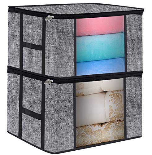 Product Cover homyfort Foldable Clothes Comforter Storage Bags, Large Breathable Linen Closet Organizers for Blankets, Clothes, Create Extra Storage with Clear Window, Set of 2 Black with Printing