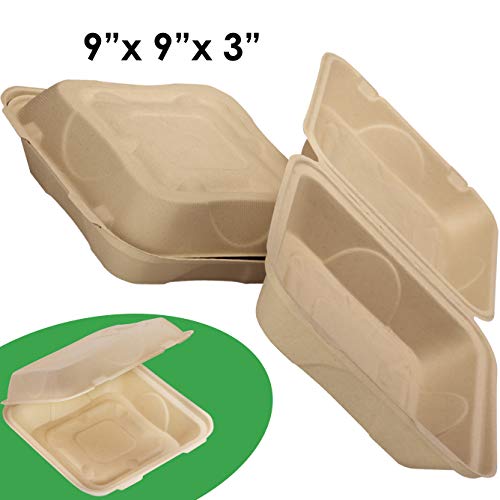 Product Cover Biodegradable 9x9 Take Out Food Containers with Clamshell Hinged Lid 50 Pack. Microwaveable, Disposable Takeout Box to Carry Meals Togo. Great for Restaurant Carryout or Party Take Home Boxes