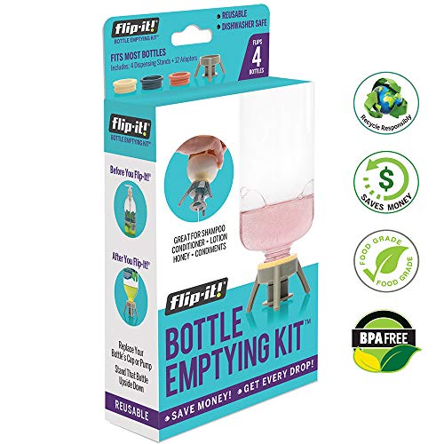 Product Cover Flip-it! Bottle Emptying Kit - Flip Bottle Upside Down To Get Every Drop Out of Lotions, Shampoos, Conditioners and Kitchen Condiments with Flip-It! | 4 Pack - BPA Free - Dishwasher Safe