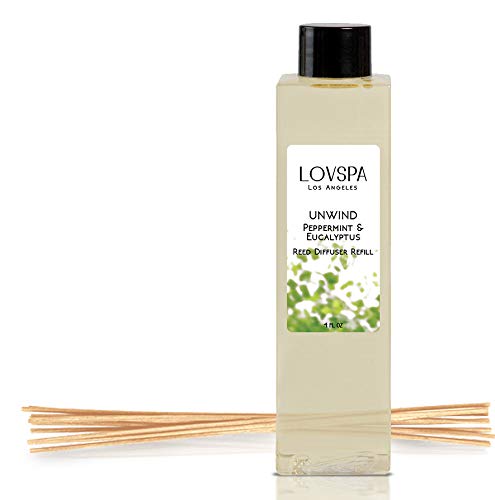 Product Cover LOVSPA Unwind Peppermint & Eucalyptus Reed Diffuser Oil Refill with Replacement Reed Sticks | Fresh Peppermint, Aromatic Eucalyptus & Creamy Vanilla | Invigorating & Stress Relieving Home Fragrance