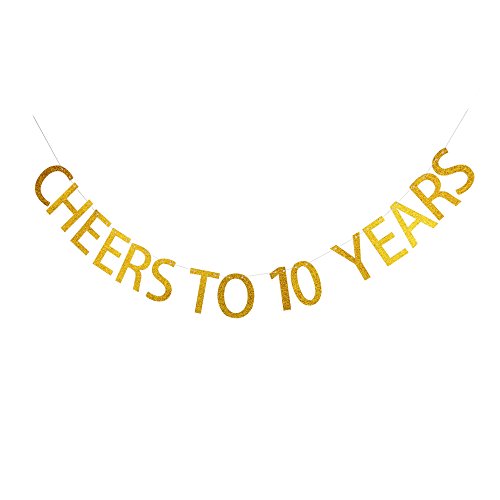 Product Cover Cheers To 10 Years Banner, 10th Birthday Party Decorations, Gold Glitter Letters Birthday Bunting