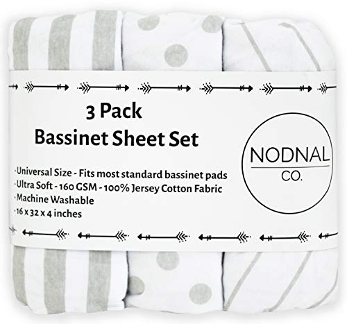 Product Cover NODNAL CO. Bassinet Fitted Sheet Set 3 Pack 100% Jersey Gray Cotton for Baby Girl/Boy - Grey Chevron, Polka Dot and Stripe 160 GSM Sheets
