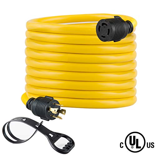 Product Cover 25FT Heavy Duty Generator Locking Power Cord NEMA L14-30P/L14-30R,4X10 Gauge SJTW Cable, 125/250V 30Amp 7500 Watts Yellow Generator Lock Extension Cord with UL Listed Yodotek