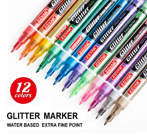 Product Cover ZEYAR Glitter Paint Pens, Water based, Extra Fine Point, Nylon Tip, 12 Colors, Great for Gift Card, Poster, Album, Christmas Card and more. Non-Toxic and Safe