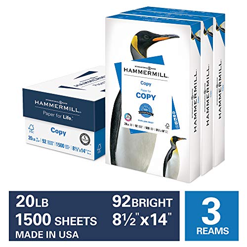 Product Cover Hammermill Paper, Copy Paper Poly Wrap, 8.5x14 Paper, Legal Size, 20lb Paper, 92 Bright, 3 Ream Case / 1,500 Sheets (150800C) Acid Free Paper