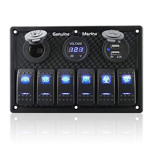 Product Cover 6 Gang Waterproof Rocker Switch Panel Digital Voltmeter Display Dual 5V USB Charger Socket DC 12V Slot Blue LED Light for Car Marine Boat Vehicles