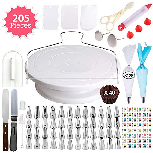 Product Cover [205 pcs] Cake Decorating Supplies - Professional Cupcake Decorating Kit | Baking Supplies | Rotating Turntable Stand, Frosting & Piping Bags and Tips Set, Icing Spatula and Smoother, Pastry Tools
