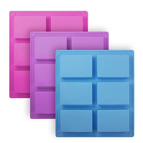 Product Cover 3 Pieces Rectangle Silicone Soap Molds, SENHAI 6-Cavity Cake Loaf Bread Baking Pans, Chocolate Cheesecake Cornbread Handmade Trays - Pink, Blue, Purple