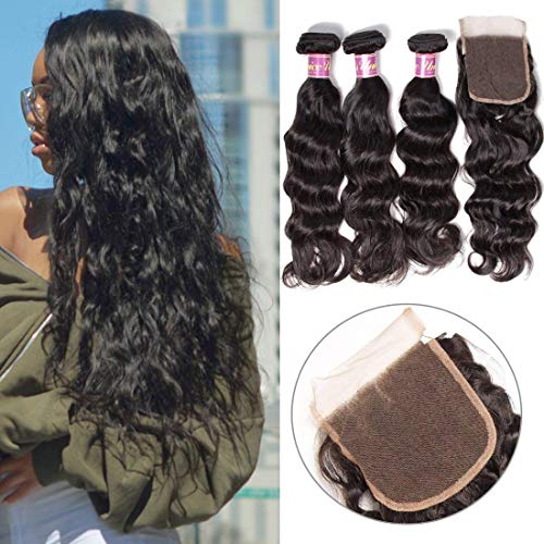 Product Cover Unice 8A Grade Brazilian Natural Wave Hair 3 Bundles with Free Part Lace Closure 100% Virgin Human Hair Extensions Weave Natural Color (16 18 20+14'' Closure)