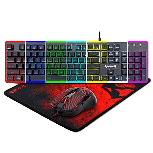 Product Cover Redragon S107 PC Gaming Keyboard and Mouse Combo & Large Mouse Pad, Mechanical Feel, RGB Backlit & Edge Side Light Illumination Keyboard 3200 DPI Mouse for Windows PC (Keyboard Mouse Mousepad Set)