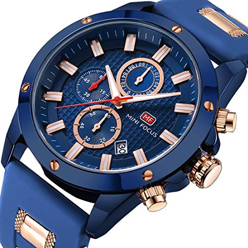 Product Cover Men Business Watch, MINI FOCUS Quartz Chronograph Watches (Blue, Three Eyes, Sport) Silicone Band Strap Fashion Wristwatch for Men Gift