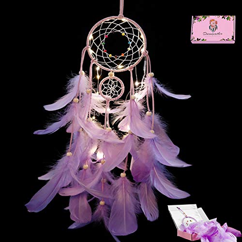 Product Cover LED Dream Catcher Purple Feather Chandelier Ornaments Handmade Indian Wall Decoration for Wall Decor Hanging Home Decor 25 inch (Purple +Lights)