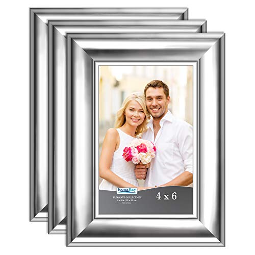 Product Cover Icona Bay 4x6 Picture Frame (3 Pack, Silver), Silver Photo Frame 4 x 6, Wall Mount or Table Top, Set of 3 Elegante Collection