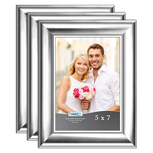 Product Cover Icona Bay 5x7 Picture Frame (3 Pack, Silver), Silver Photo Frame 5 x 7, Wall Mount or Table Top, Set of 3 Elegante Collection