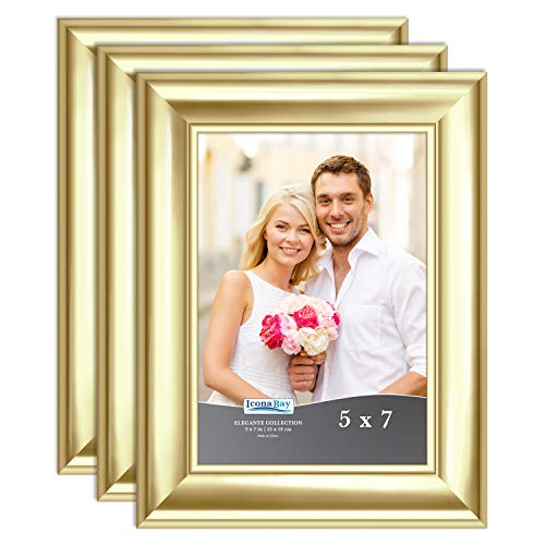 Product Cover Icona Bay 5x7 Picture Frame (3 Pack, Gold), Gold Photo Frame 5 x 7, Wall Mount or Table Top, Set of 3 Elegante Collection