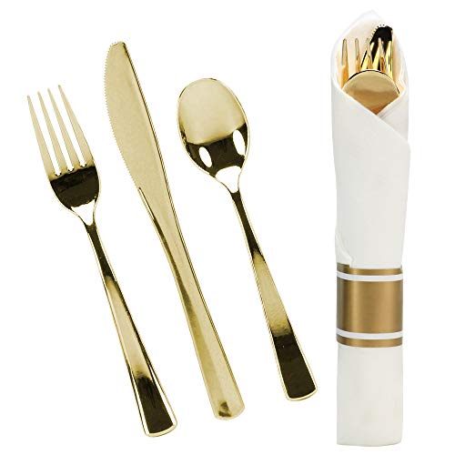 Product Cover 240 Pieces Pre Rolled Cutlery And Napkins Set with Heavy Duty Full Size Polished Gold Cutlery, 60 Forks, 60 Knifes, 60 Spoons, In Rolled Napkins, for Weddings, Parties And Events