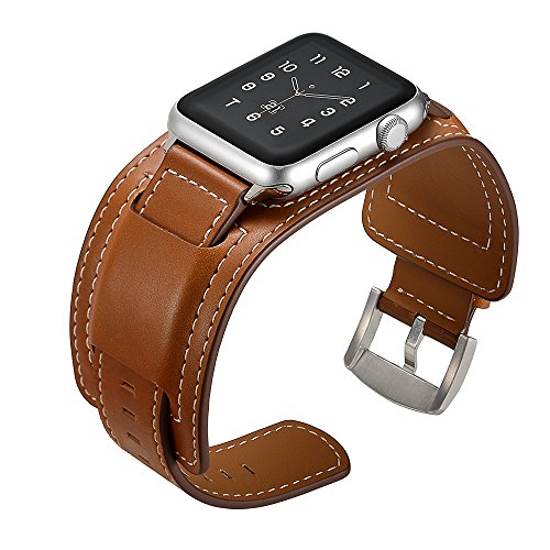 Product Cover EloBeth Compatible with Apple Watch Band 42mm 44mm Series 5 4 3 2 1 Leather Buckle Cuff Replacement iWatch Band Strap (Brown, 42mm/44mm)