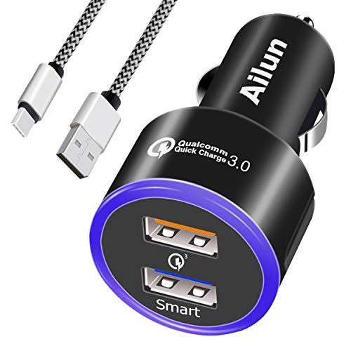 Product Cover Ailun Fast Car Charger Qualcomm Quick Charge 3.0 Adapter with 1M Type C Cable Dual USB Port 35W for iPhone 11/11 Pro/11 Pro Max/X Xs XR Xs Max Galaxy S10 S9 S8 Plus Note 10 Black