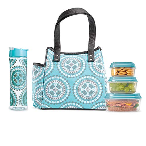Product Cover Fit & Fresh Westerly Insulated Lunch Bag Kit with Matching Bottle and Containers, Aqua Aztec Medallion