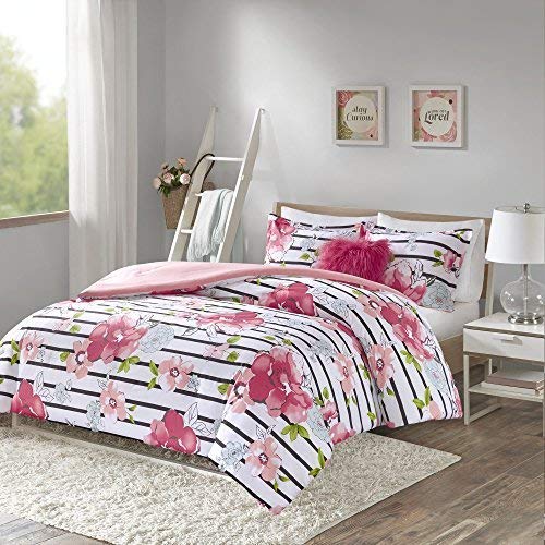 Product Cover Comfort Spaces Zoe 3 Piece Comforter Set Printed Striped Floral Design with Faux Long Fur Decorative Pillow Bedding, Twin, Pink