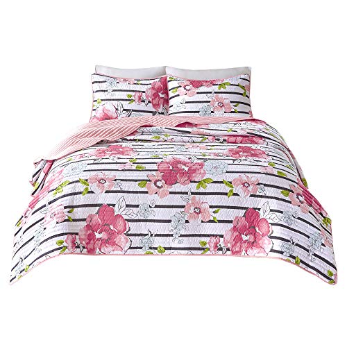 Product Cover Comfort Spaces Zoe 2 Piece Quilt Coverlet Bedspread Adorable Ultra Soft Microfiber Printed Floral Design Bedding Set, Twin/Twin XL, Pink
