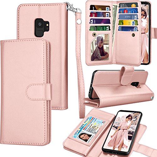 Product Cover Tekcoo Compatible for Galaxy S9 Wallet Case/Samsung Galaxy S9 PU Leather Case, Luxury ID Cash Credit Card Slots Holder Carrying Folio Flip Cover [Detachable Magnetic Hard Case] Kickstand -Rose Gold