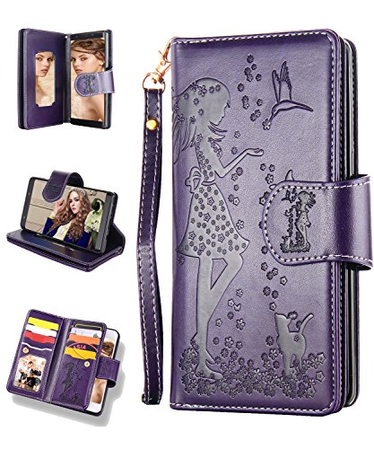 Product Cover FLYEE Samsung S9 Plus Case,Galaxy S9 Plus Wallet Case, 9 Card Slot PU Leather Magnetic Protective Cover with Mirror and Wrist Strap for Samsung Galaxy S9 Plus 6.2 inch Nine Card-Purple