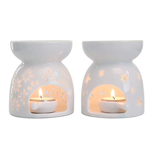 Product Cover T4U Ceramic Tealight Candle Holder Oil Burner, Essential Oil Incense Aroma Diffuser Furnace Home Decoration Romantic White Set of 2